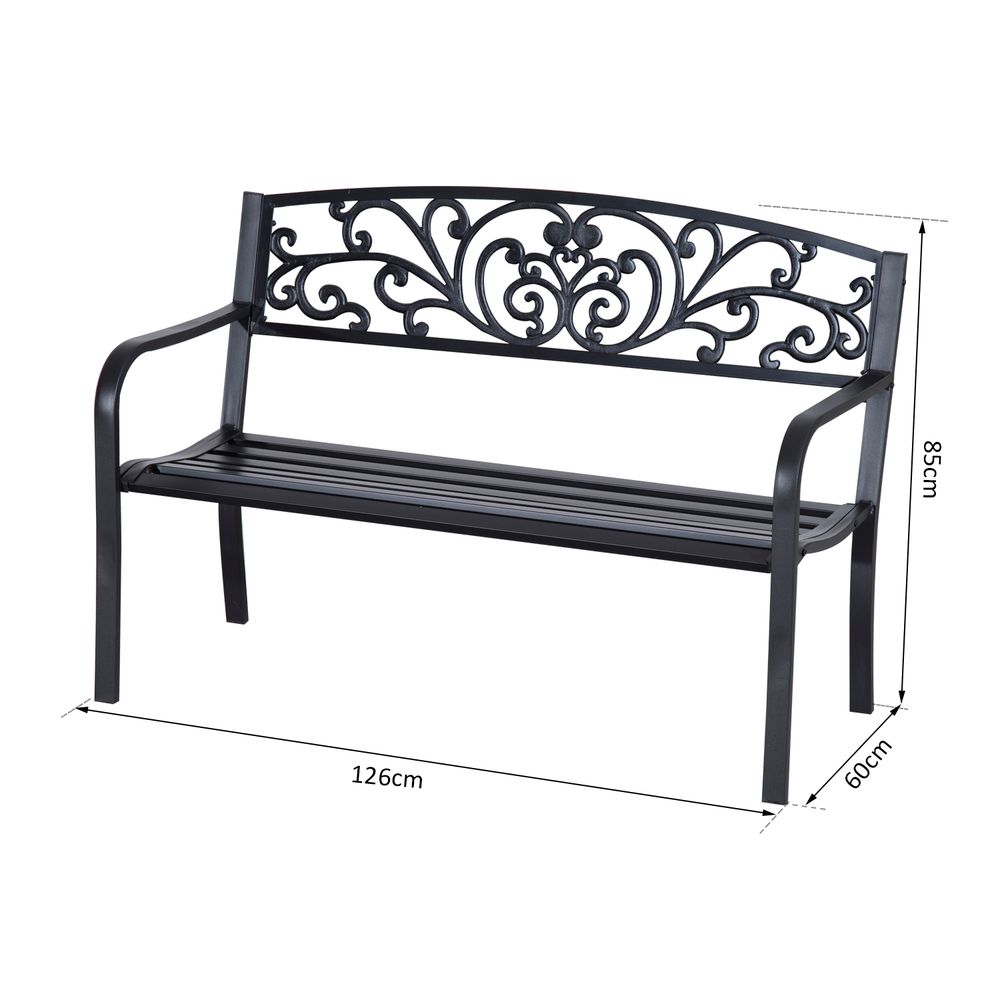 2-Seater Steel Garden Bench | Powder-Coated Black | Floral Backrest