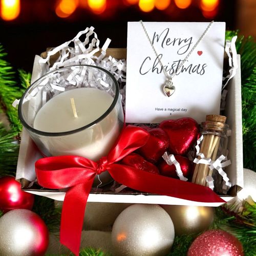 Small Merry Christmas Gift Hamper - Silver Heart Necklace, Chocolates & Candle