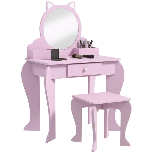 ZONEKIZ Kids Dressing Table with Mirror & Stool – Cat Design, Pink (Ages 3–6)