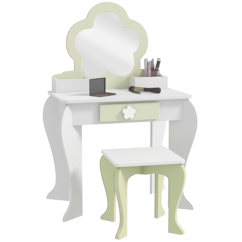 ZONEKIZ Kids Vanity Table Set with Mirror & Stool | Flower Design | Ages 3–6 | White