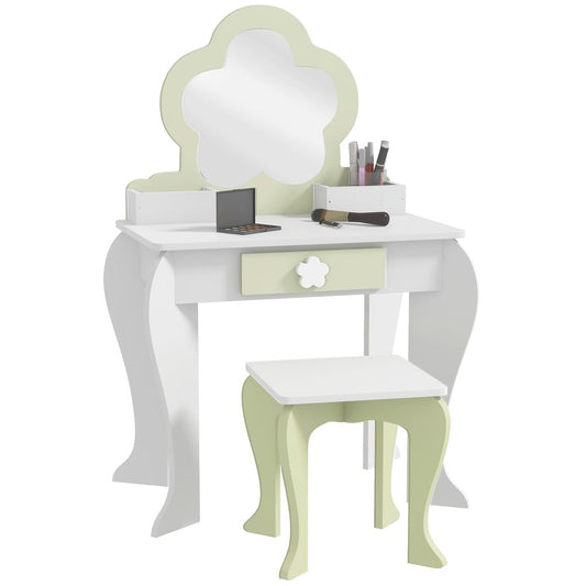 ZONEKIZ Kids Vanity Table Set with Mirror & Stool | Flower Design | Ages 3–6 | White