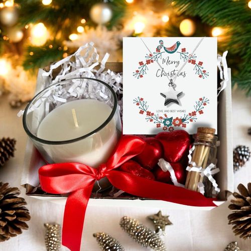 Small Merry Christmas Star Gift Hamper - Silver Star Necklace, Chocolates & Candle
