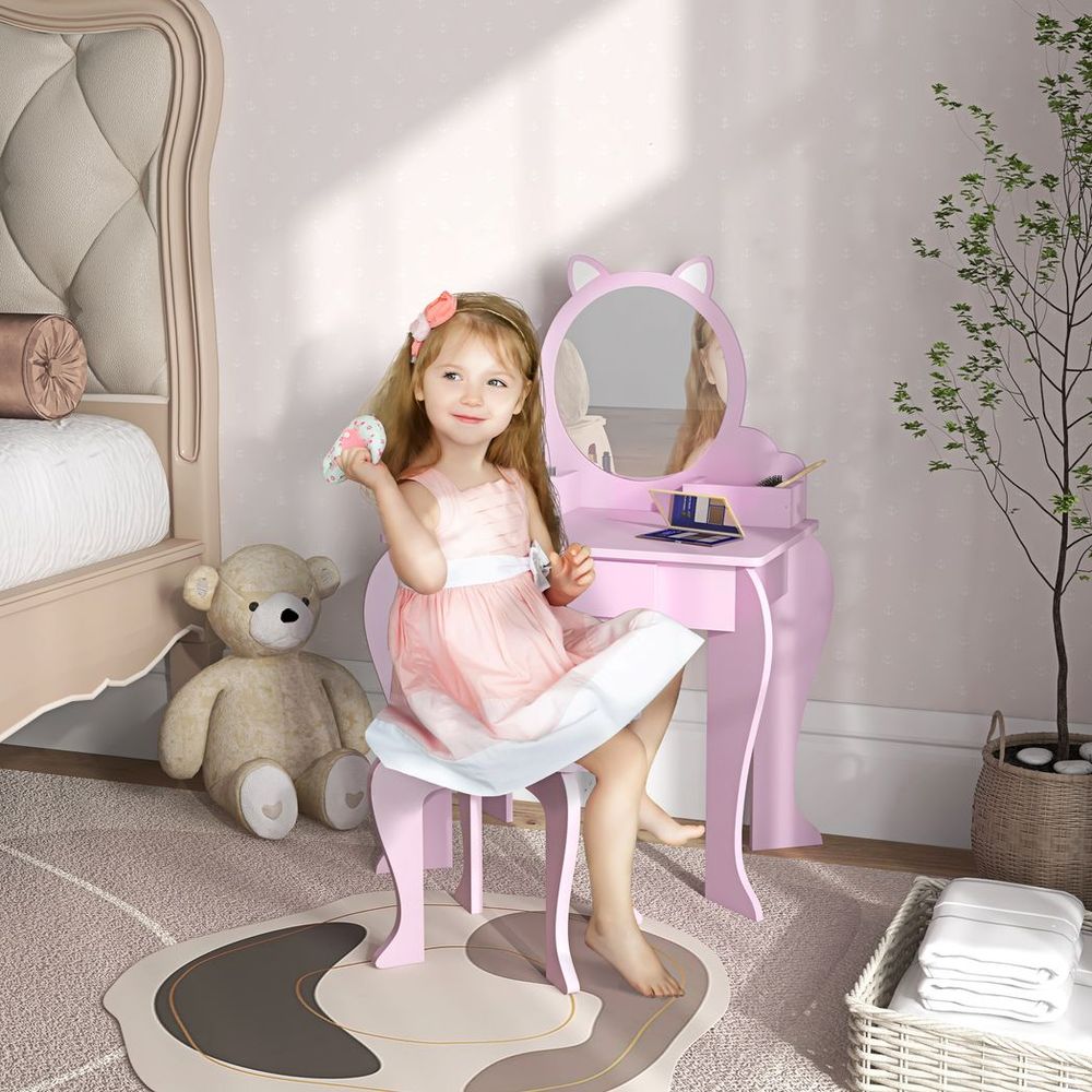 ZONEKIZ Kids Dressing Table with Mirror & Stool – Cat Design, Pink (Ages 3–6)