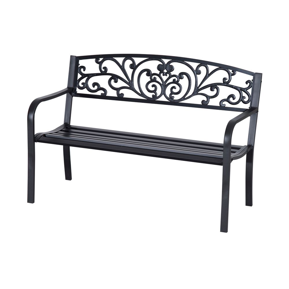 2-Seater Steel Garden Bench | Powder-Coated Black | Floral Backrest