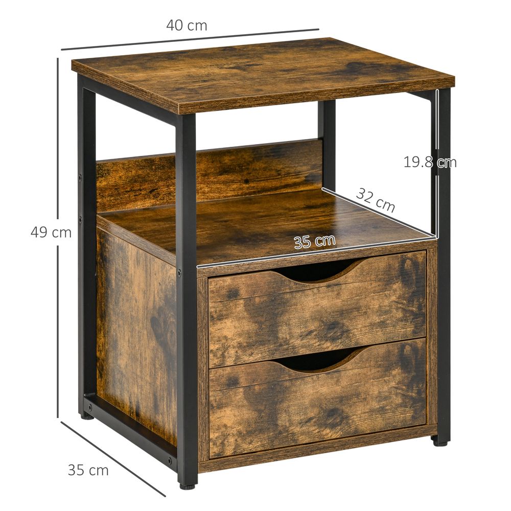 HOMCOM Industrial Side Table with Drawer | Bedside Cabinet with Storage Shelf & Open Shelf | Rustic Brown