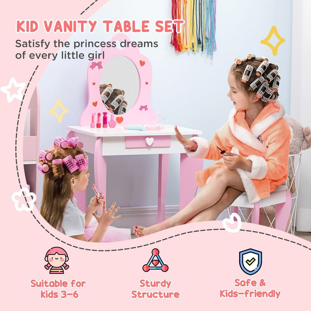 ZONEKIZ Kids Vanity Set with Mirror & Stool | Heart & Bow Pattern | Girls Dressing Table – Pink
