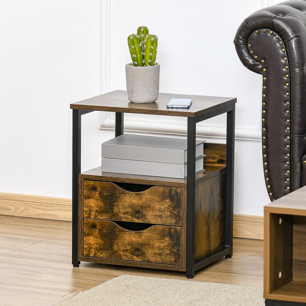 HOMCOM Industrial Side Table with Drawer | Bedside Cabinet with Storage Shelf & Open Shelf | Rustic Brown