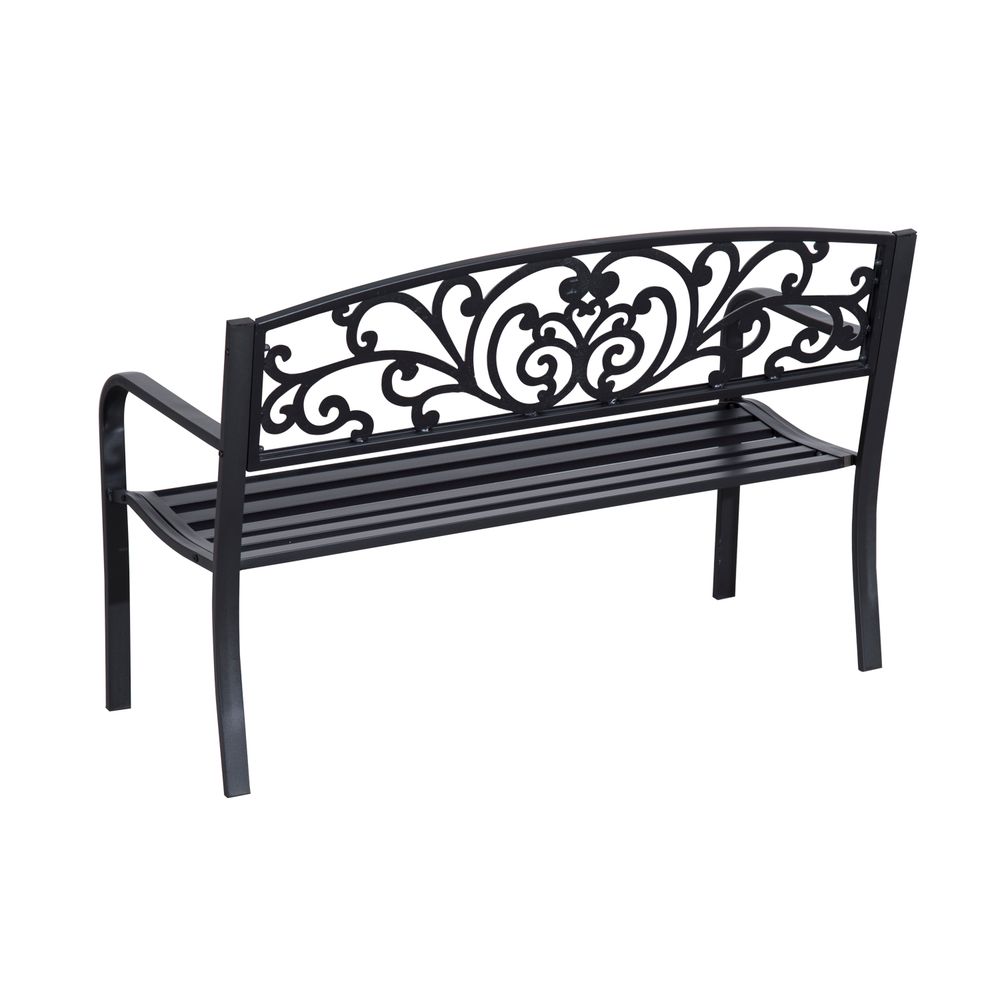 2-Seater Steel Garden Bench | Powder-Coated Black | Floral Backrest