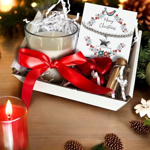 Small Merry Christmas Star Gift Hamper - Silver Star Bracelet, Chocolates & Candle