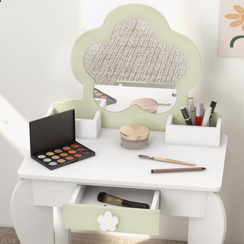 ZONEKIZ Kids Vanity Table Set with Mirror & Stool | Flower Design | Ages 3–6 | White