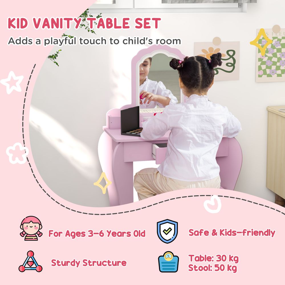 ZONEKIZ Kids Dressing Table with Mirror, Stool & Storage – Cloud Design, Pink