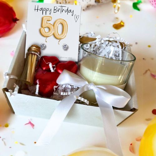 Small 50th Birthday Gold Balloons Gift Hamper - Cubic Zirconia Earrings, Chocolates & Candle