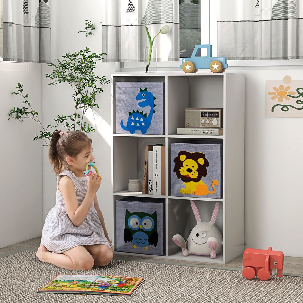 ZONEKIZ Kids Toy Organiser | 6-Cube Storage Unit with 3 Fabric Drawers | White & Grey