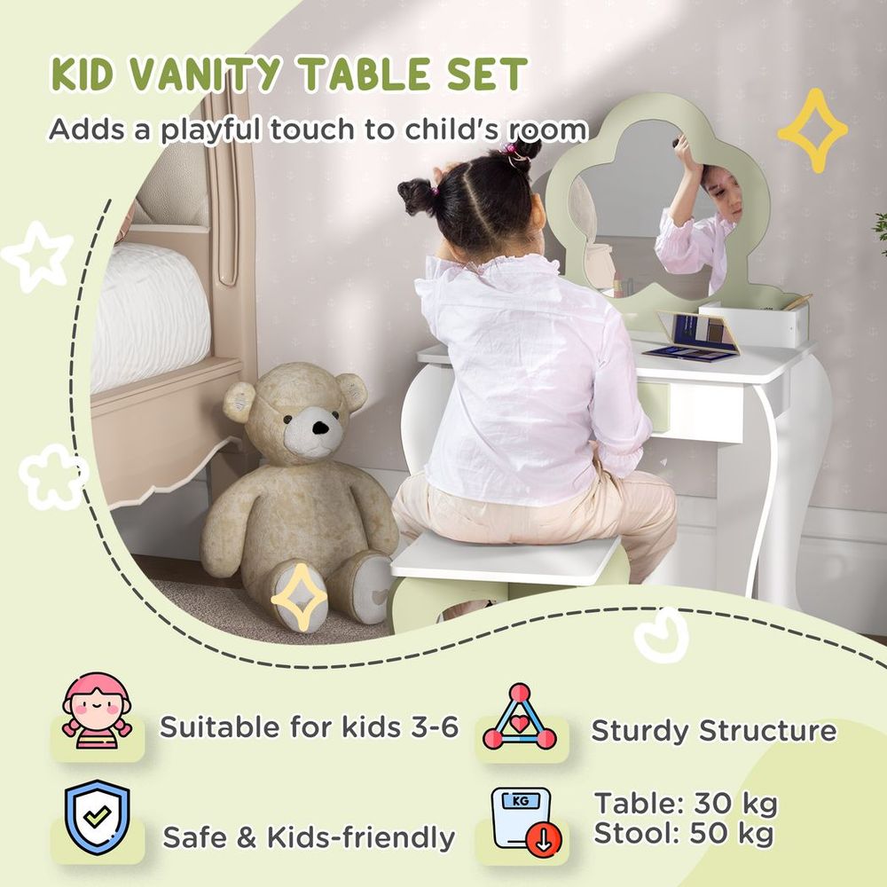 ZONEKIZ Kids Vanity Table Set with Mirror & Stool | Flower Design | Ages 3–6 | White