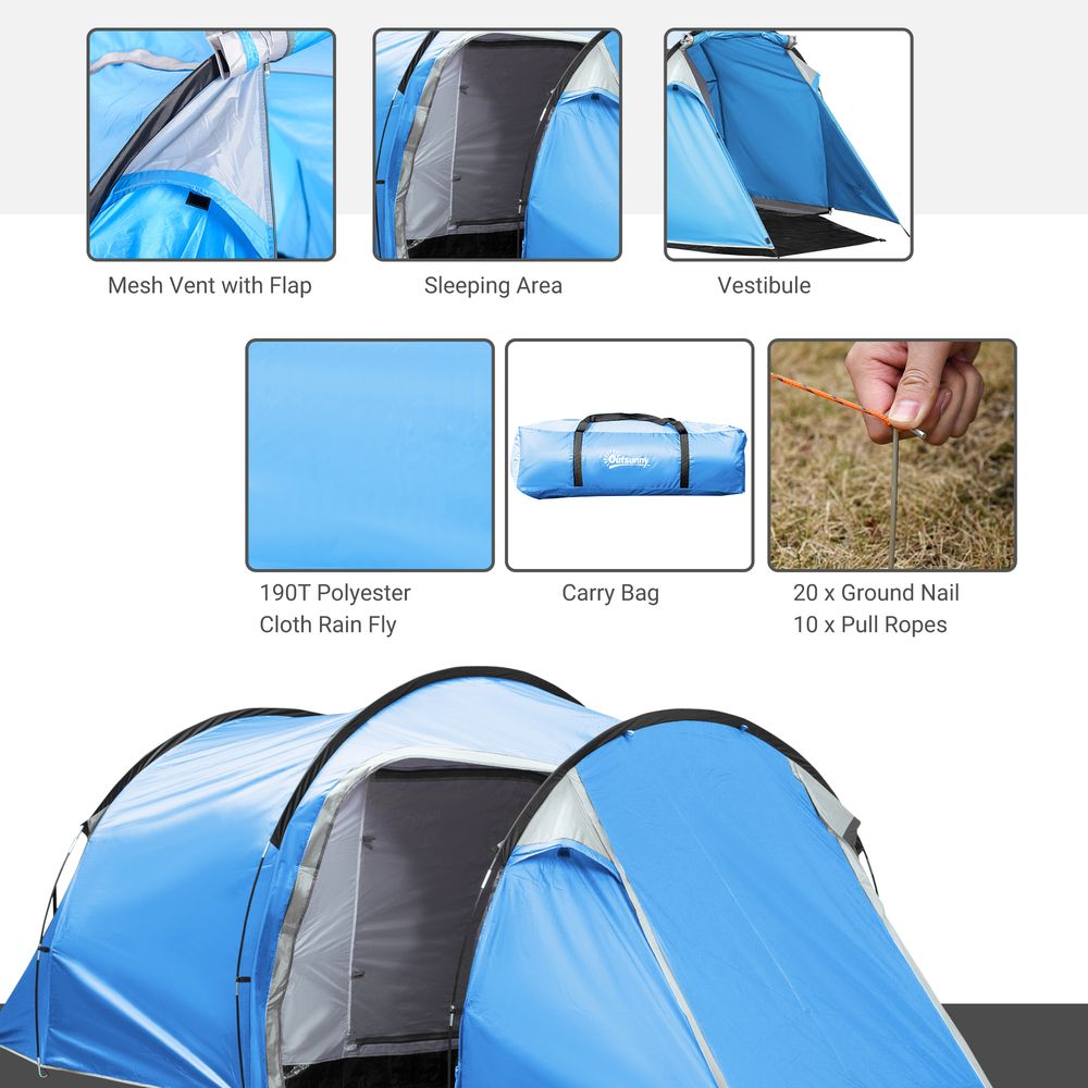 Outsunny 3-Man Camping Tent | 2 Rooms, Porch, Rainfly & Vents | Weather-Resistant