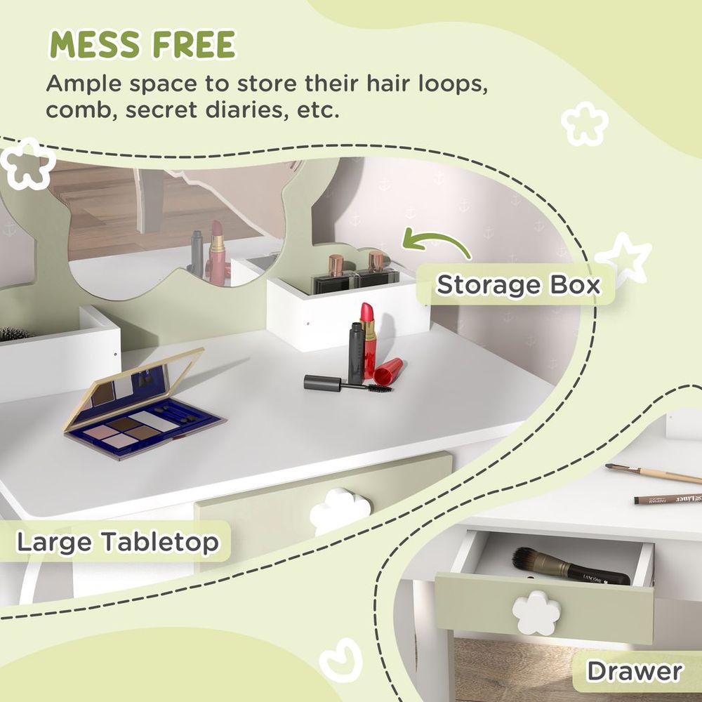 ZONEKIZ Kids Vanity Table Set with Mirror & Stool | Flower Design | Ages 3–6 | White