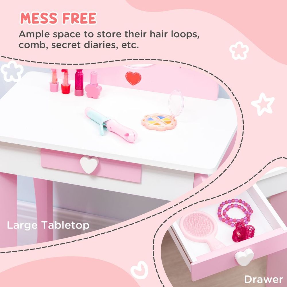 ZONEKIZ Kids Vanity Set with Mirror & Stool | Heart & Bow Pattern | Girls Dressing Table – Pink