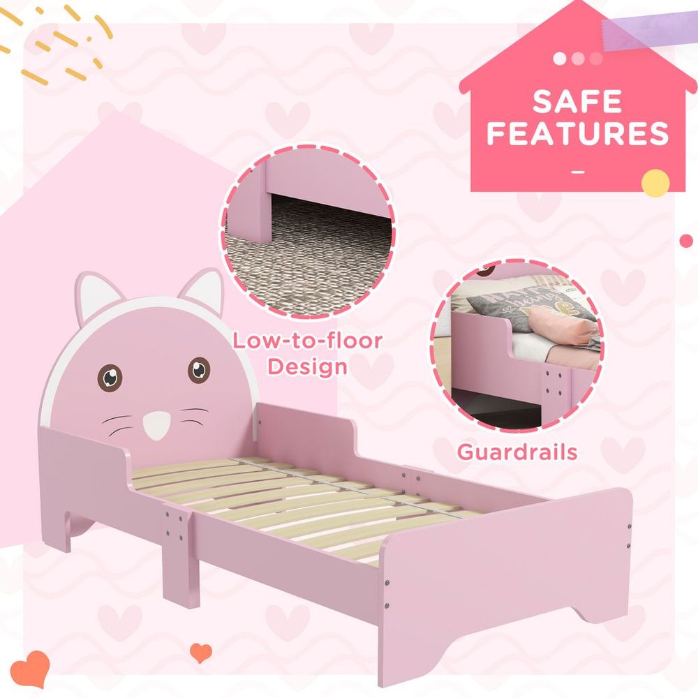 ZONEKIZ Toddler Bed Frame with Cat Design & Guardrails | Pink | 3–6 Years