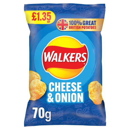 Walkers Cheese & Onion Crisps 70g – Box of 18