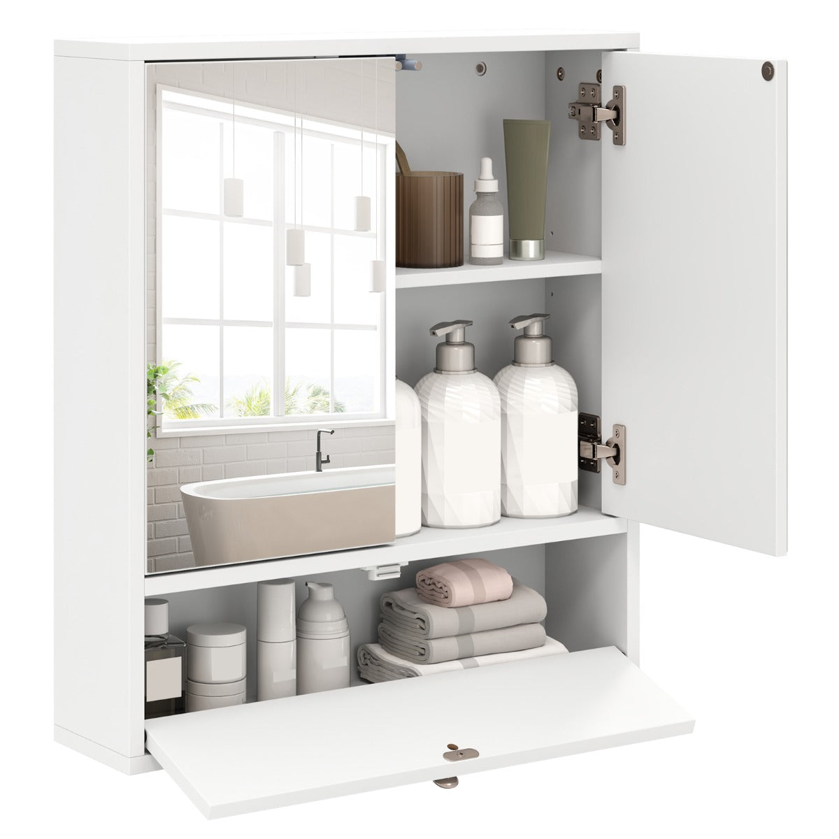 Wall-Mounted Bathroom Cabinet with Mirror and 3-Level Adjustable Shelf and Flip-Open Compartment-White