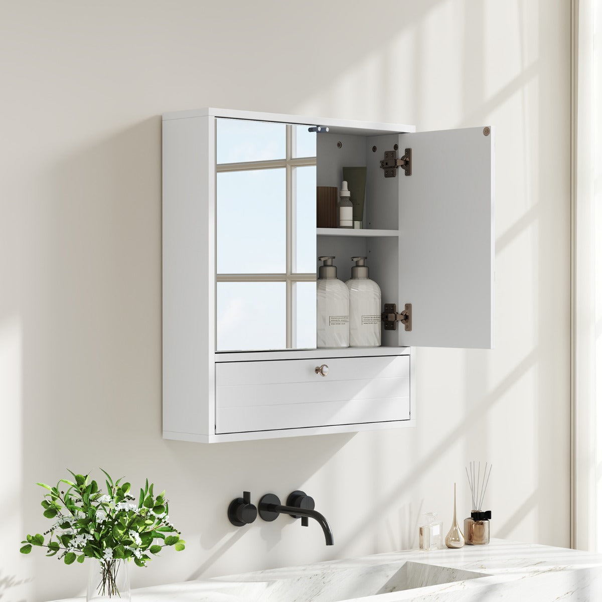 Wall-Mounted Bathroom Cabinet with Mirror and 3-Level Adjustable Shelf and Flip-Open Compartment-White