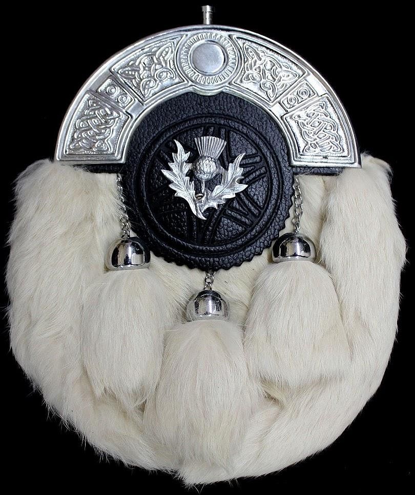 White Full Dress Sporran Scottish Men Kilt Sporrans Rabbit Fur Thistle Badge