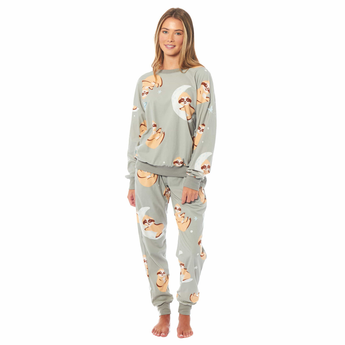 Daisy Dreamer Women's Sloth Fleece Pyjama Set Long Sleeve Animal Print Warm Sleepwear