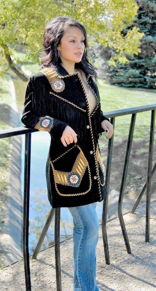 Women Two Tone Western Fringed Queen Coat - Hand Beading, Lacing and Long Fringe