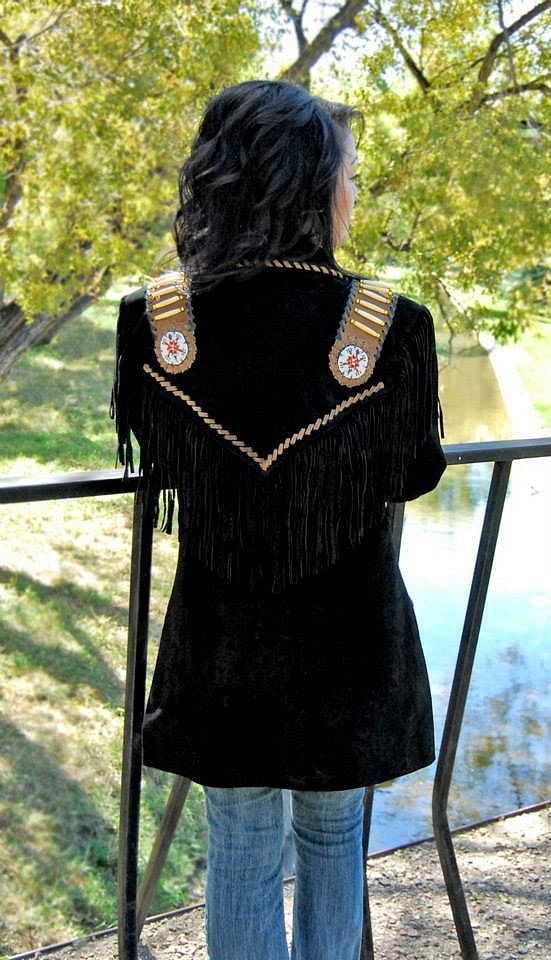 Women Two Tone Western Fringed Queen Coat - Hand Beading, Lacing and Long Fringe