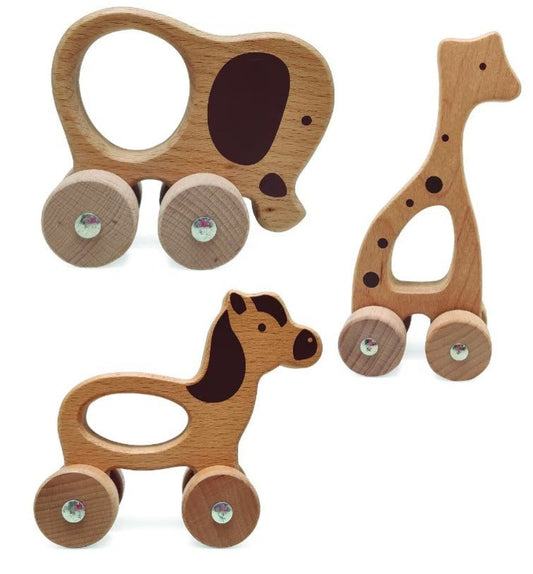 Wooden Animals on Wheels – Push Along Toy for Babies & Toddlers