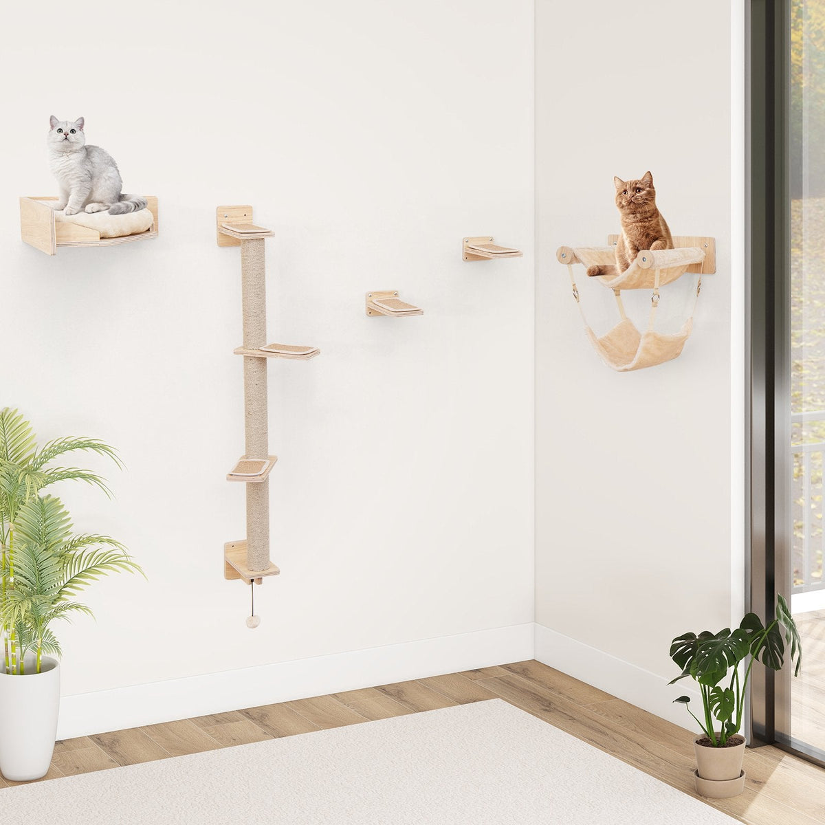 5-piece wooden Cat wall shelves with jute scratching posts and hanging ball-Natural