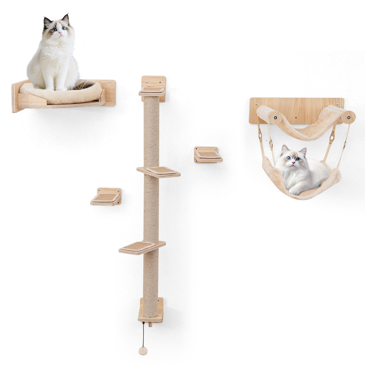 5-piece wooden Cat wall shelves with jute scratching posts and hanging ball-Natural