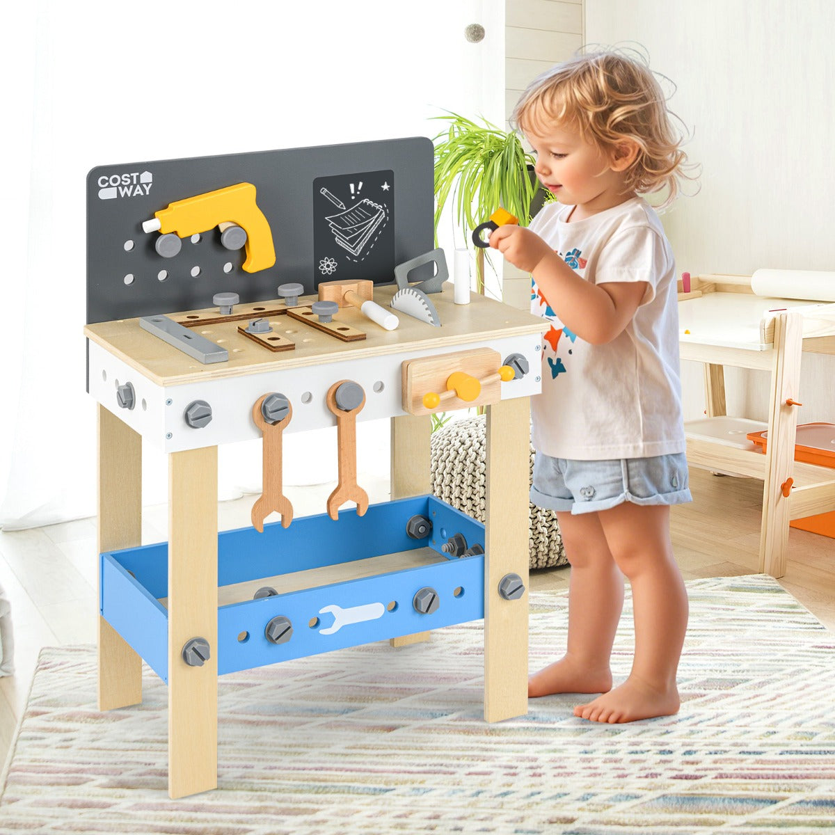 Wooden Toddler Workbench Playset with Pegboard and Storage Shelf