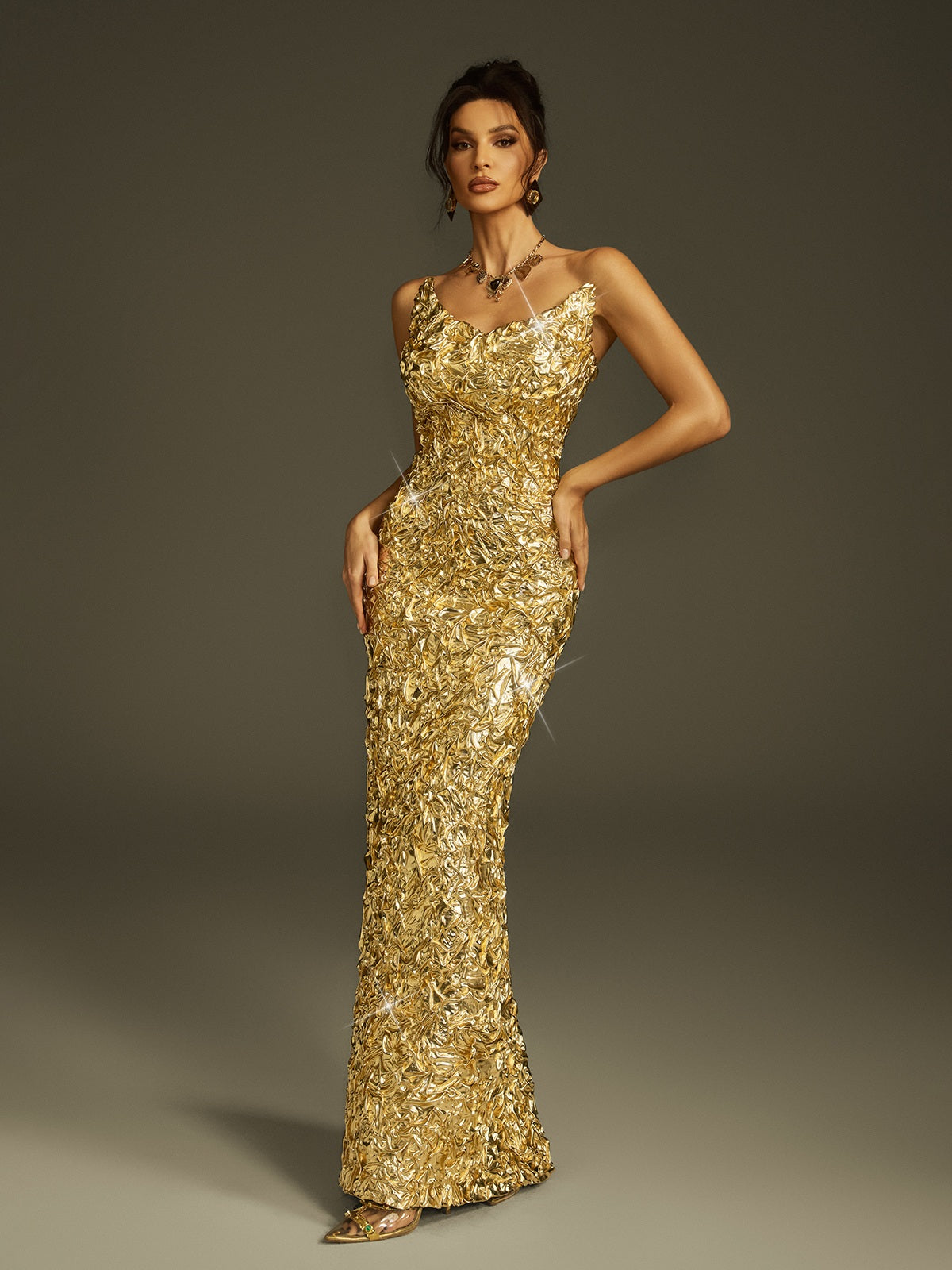 Zyrra Strapless Foil Split Maxi Dress